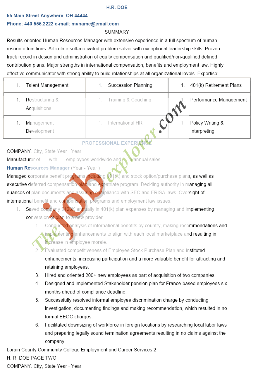 sample of human resource resume